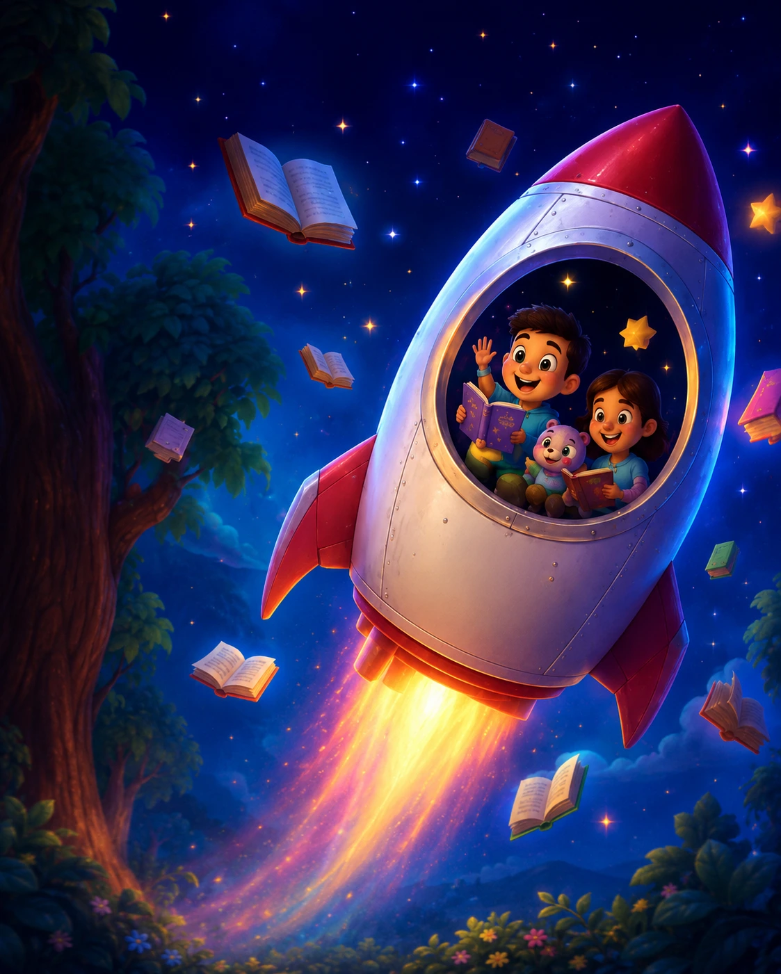 Children reading in a rocket surrounded by books and stars